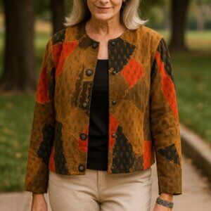 Vintage Patchwork Jacket Vibrant Fall Colours Embroidery Crested Snaps Boho Chic